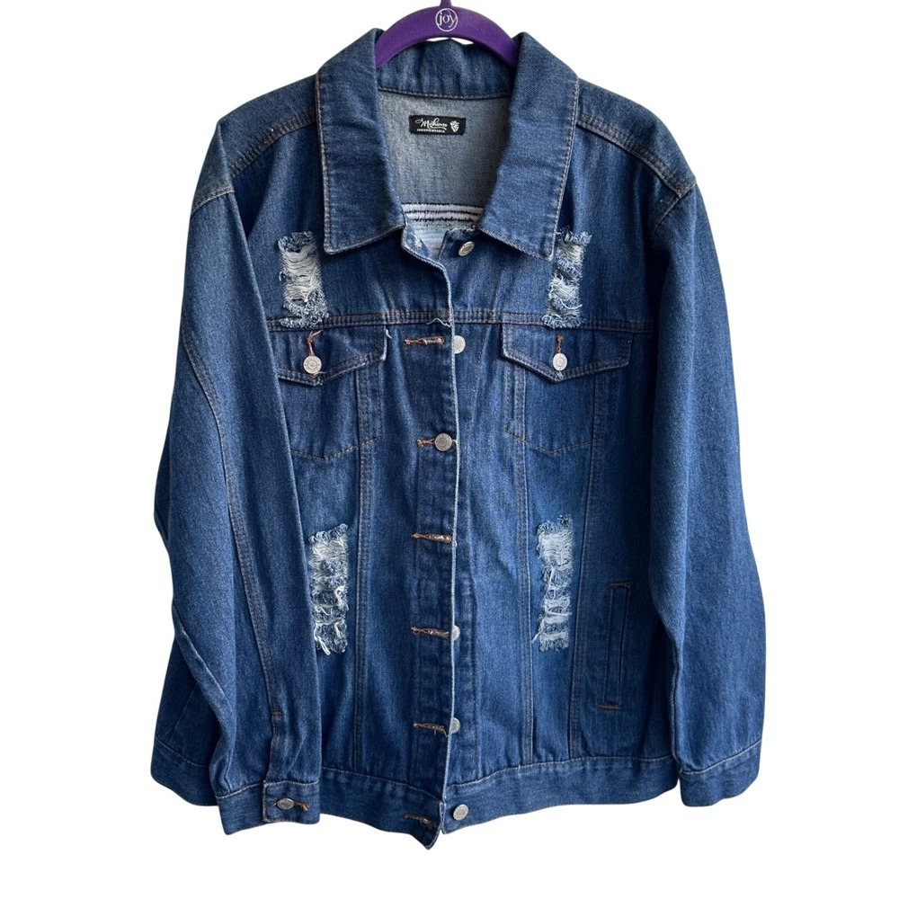 Mahimo Indumentaria Distressed Denim Jacket Sun Moon Embroidered Back Patch Blue